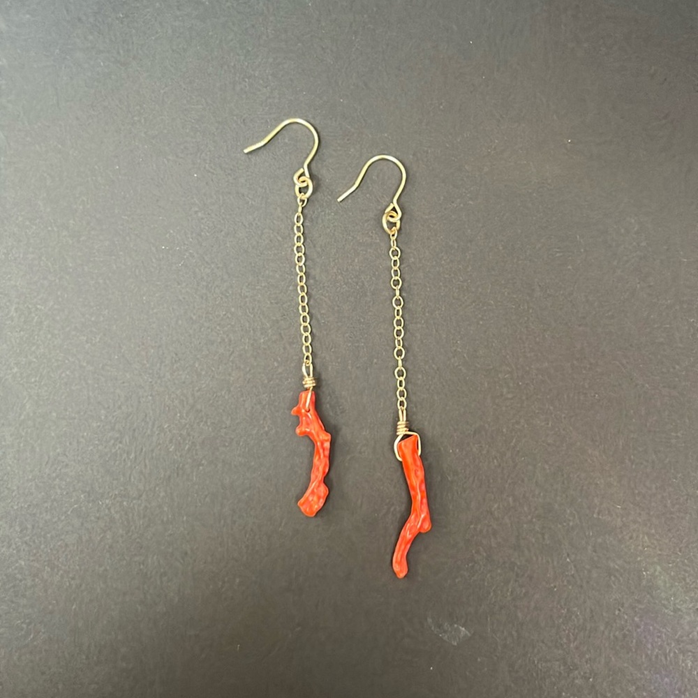 Red Coral Dangle Earrings. 2 1/4” drop length